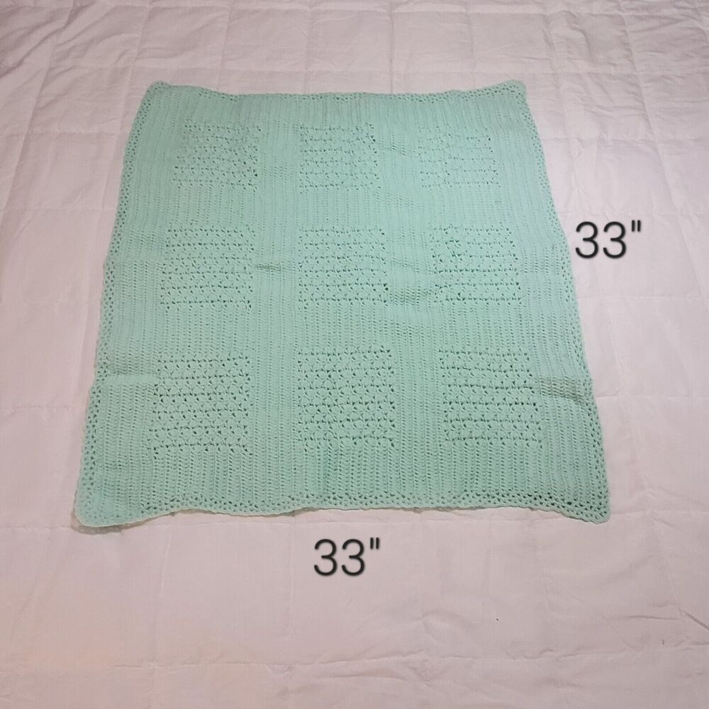Vintage Handmade Afghan Blanket Geometric Square Crochet Knit 33x33 Green - Picture 6 of 6